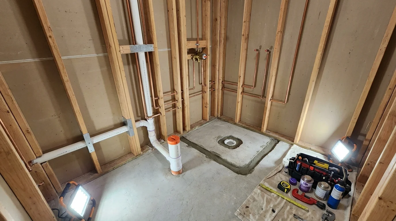 Bathroom rough-in plumbing during remodel by Johns Plumbing LLC in Santa Ana