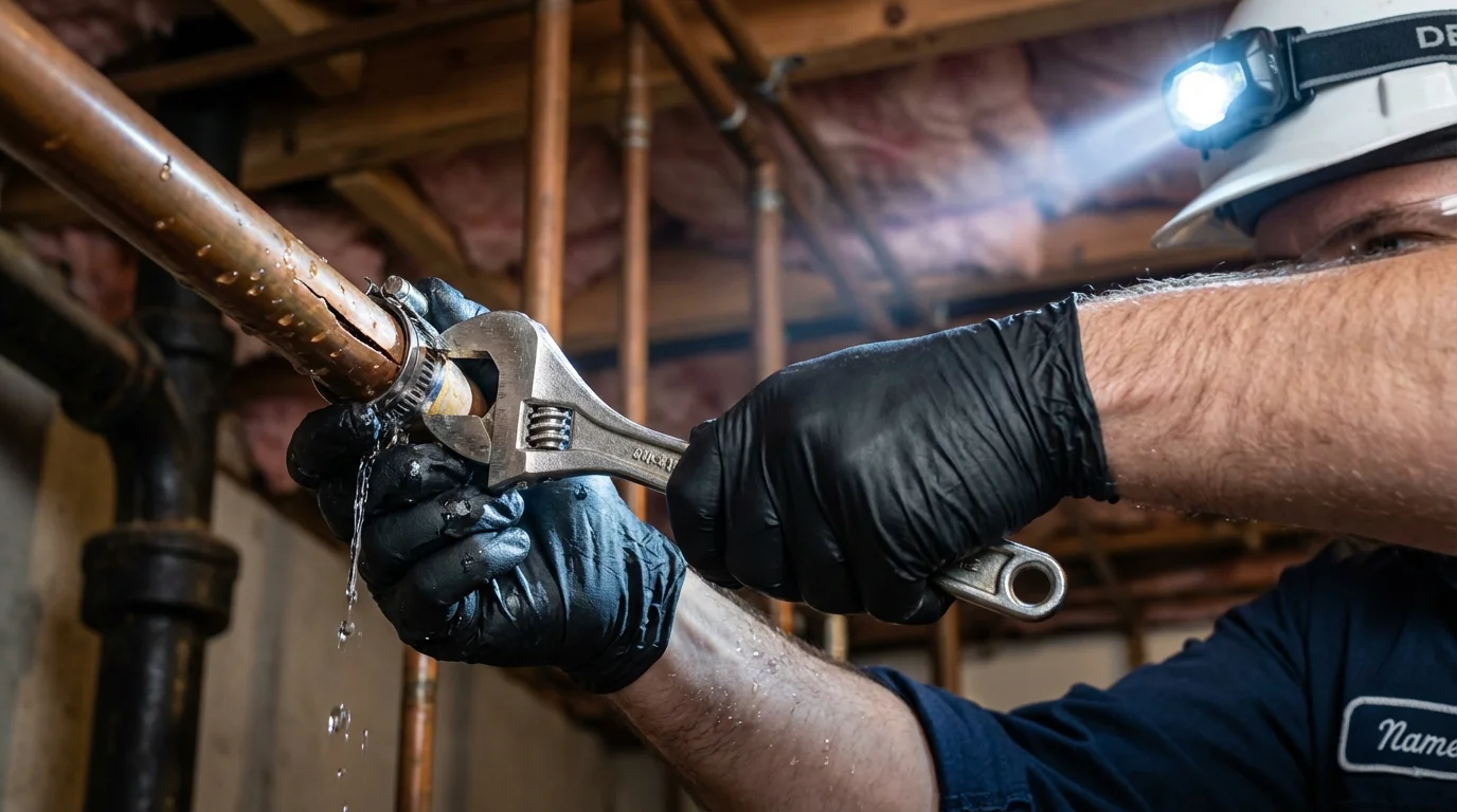Emergency pipe clamp repair being performed by a Johns Plumbing LLC plumber in Santa Ana