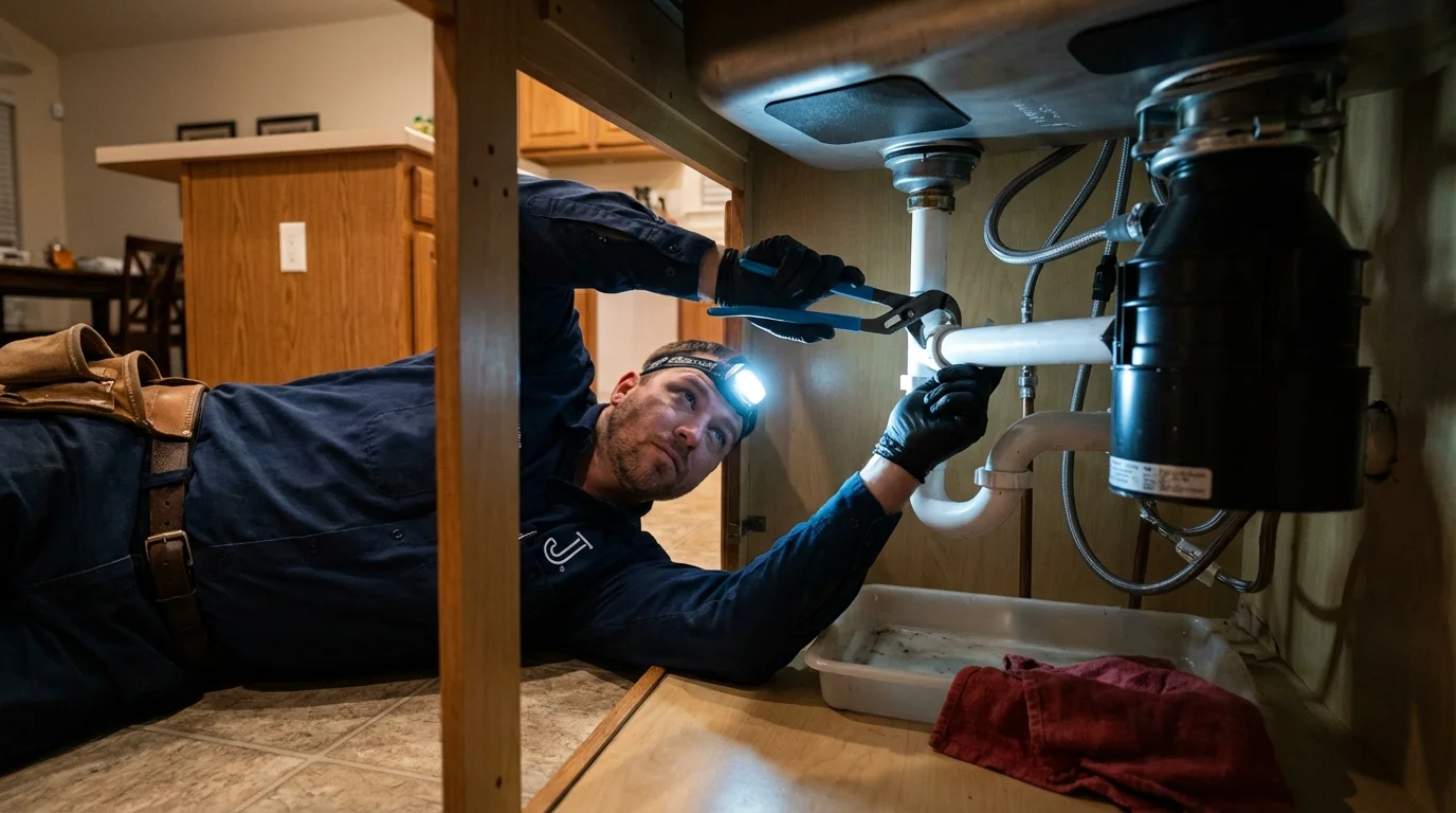 P-trap and supply line connections under a kitchen sink showing a common leak point in Santa Ana, CA